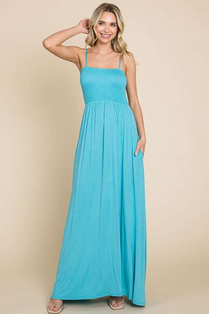 Pastel Teal Culture Code Full Size Smocked Cami Maxi Dress With Pockets