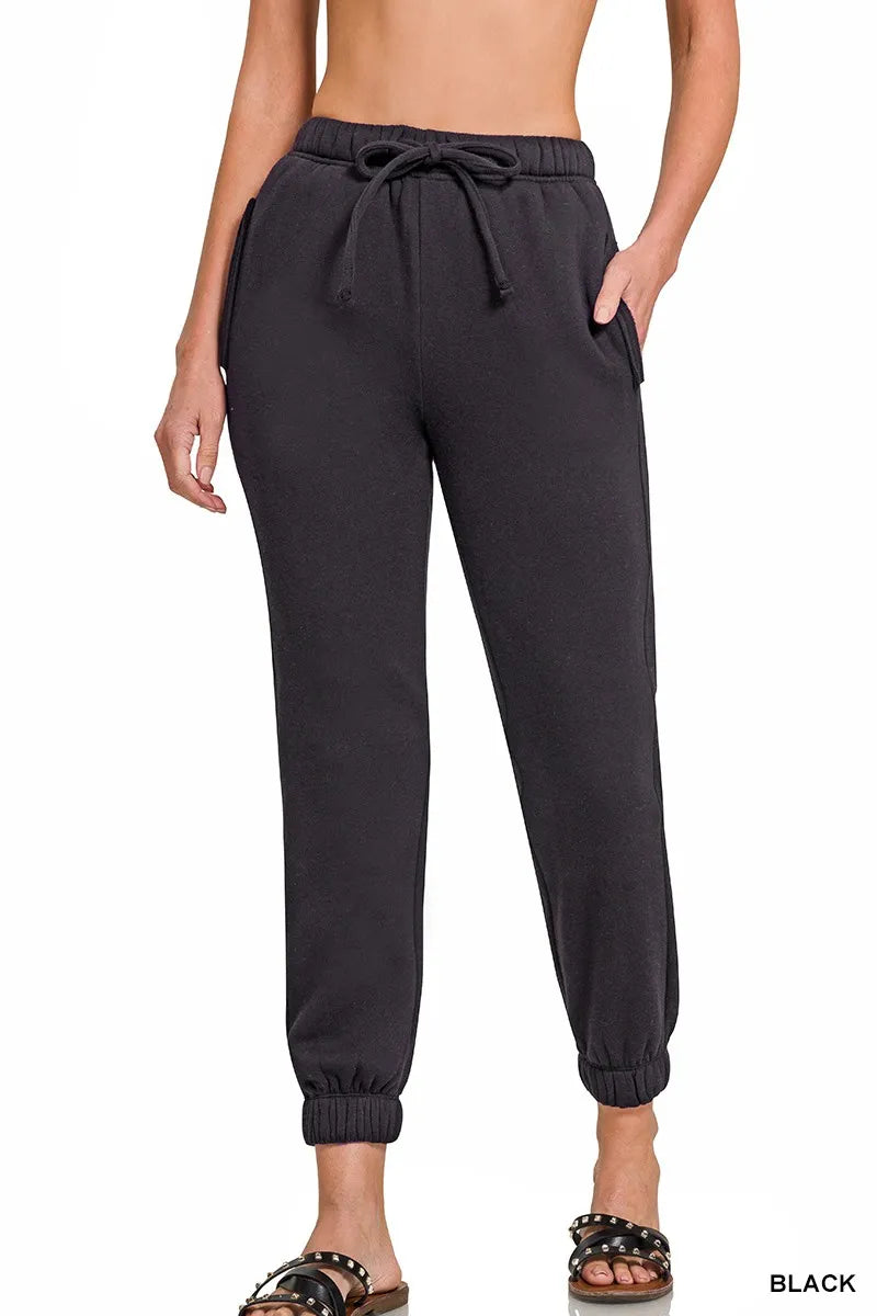 Black Zenana Fleece Drawstring Joggers With Pocket