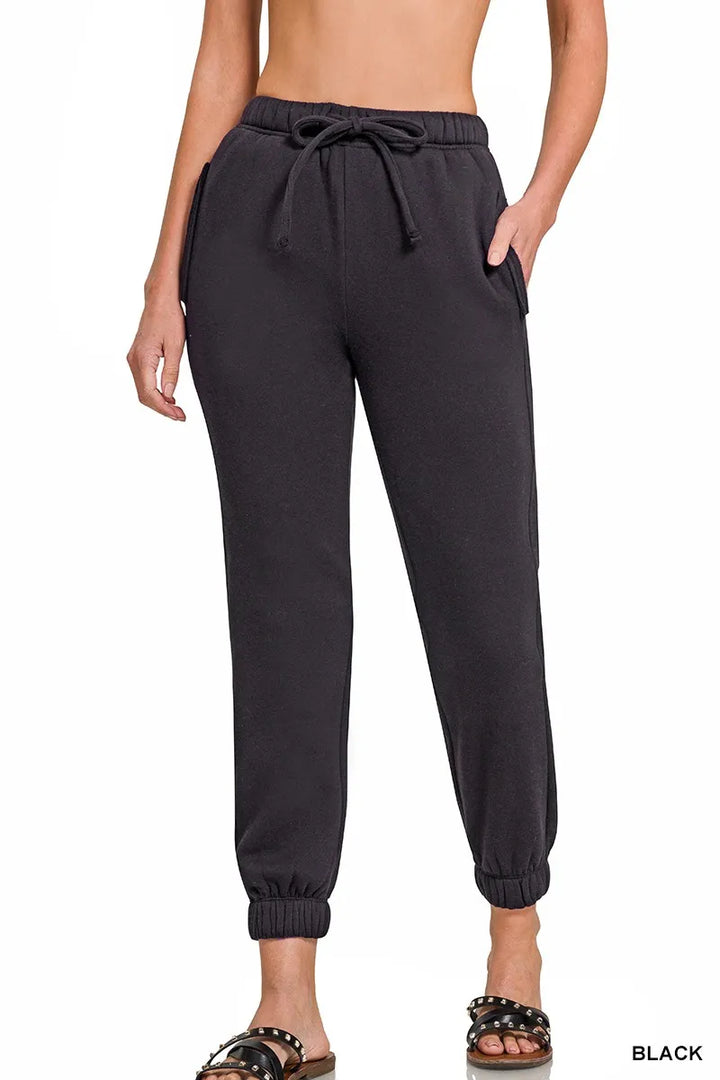 Black Zenana Fleece Drawstring Joggers With Pocket