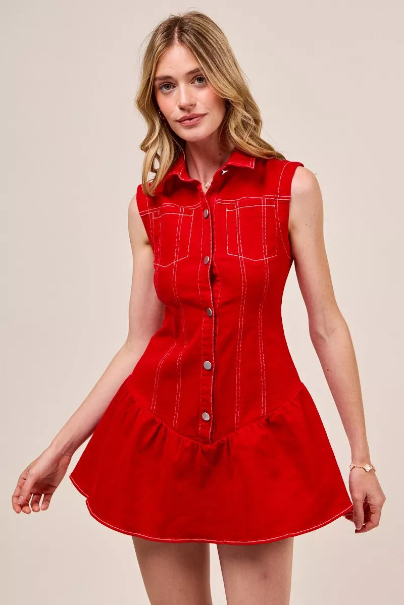 Red So Me Button Down Sleeveless Collared Game Day Mini Dress
