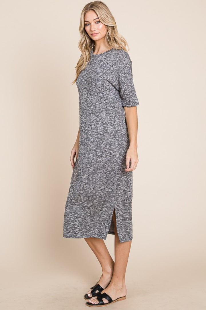 Grey Bombom Slit Round Neck Half Sleeve Midi Dress