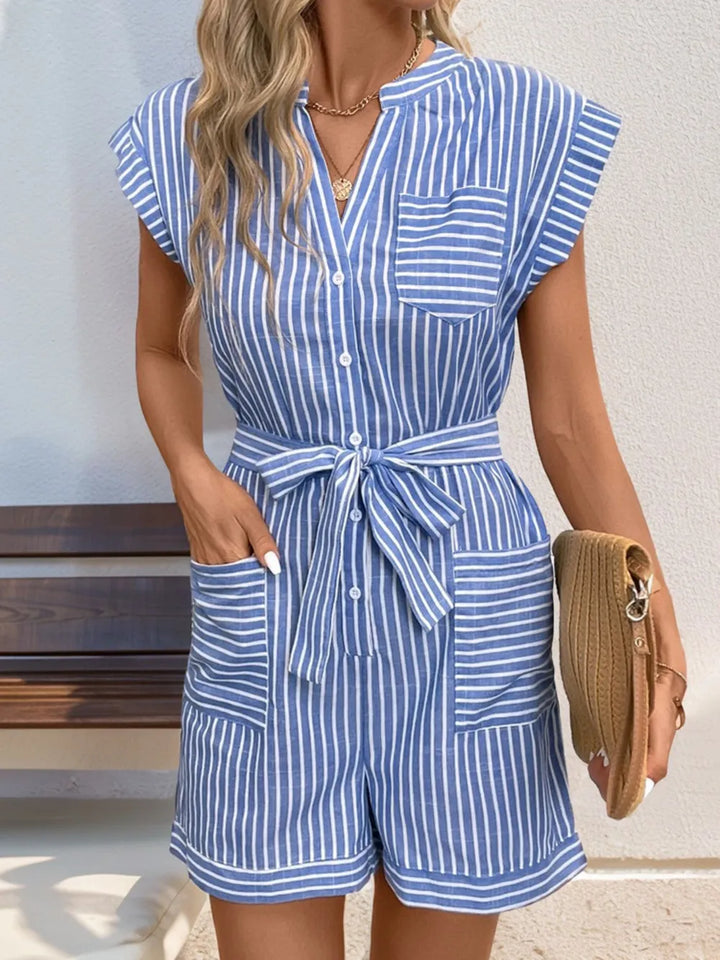 Light Blue Perfee Striped Notched Tie Waist Romper