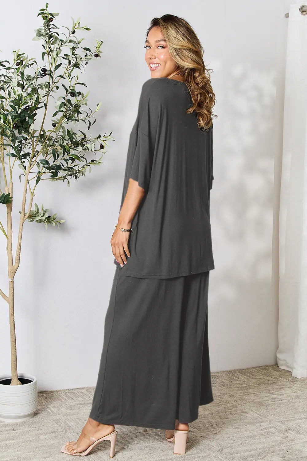 Dark Gray Double Take Full Size Round Neck Slit Top And Pants Set