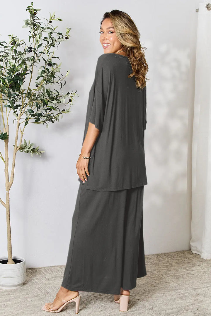 Dark Gray Double Take Full Size Round Neck Slit Top And Pants Set