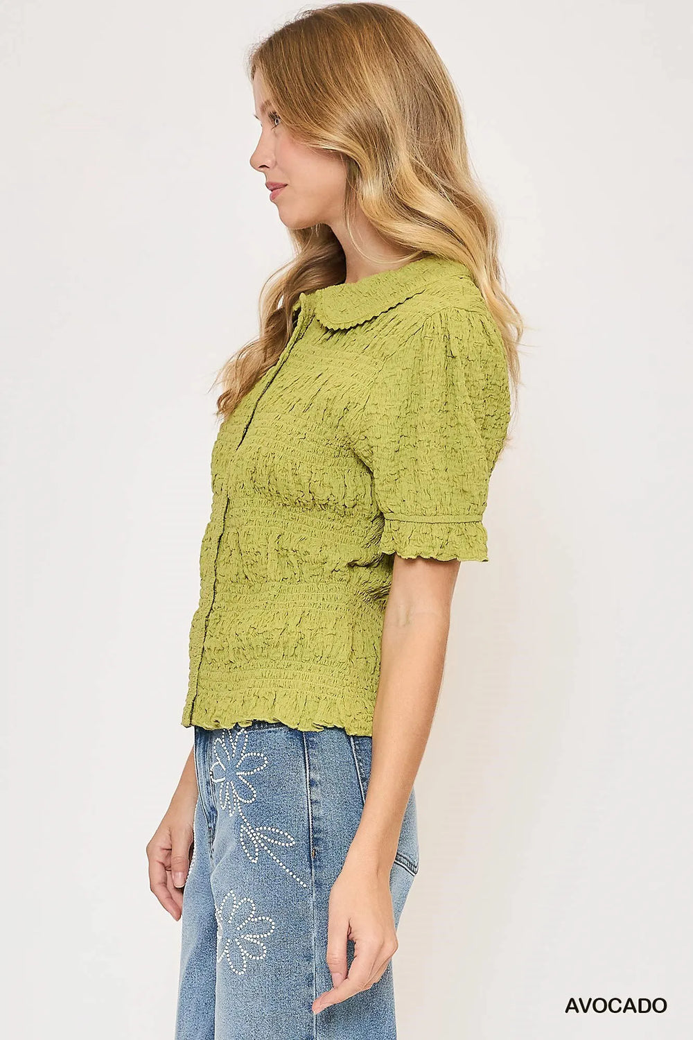 Avocado Umgee Smocked Short Sleeve Button Front Shirt With Peter Pan Collar