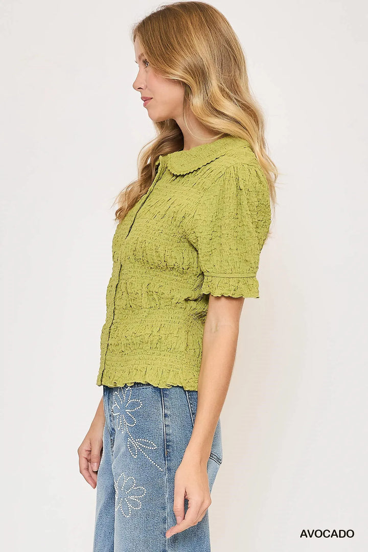 Avocado Umgee Smocked Short Sleeve Button Front Shirt With Peter Pan Collar
