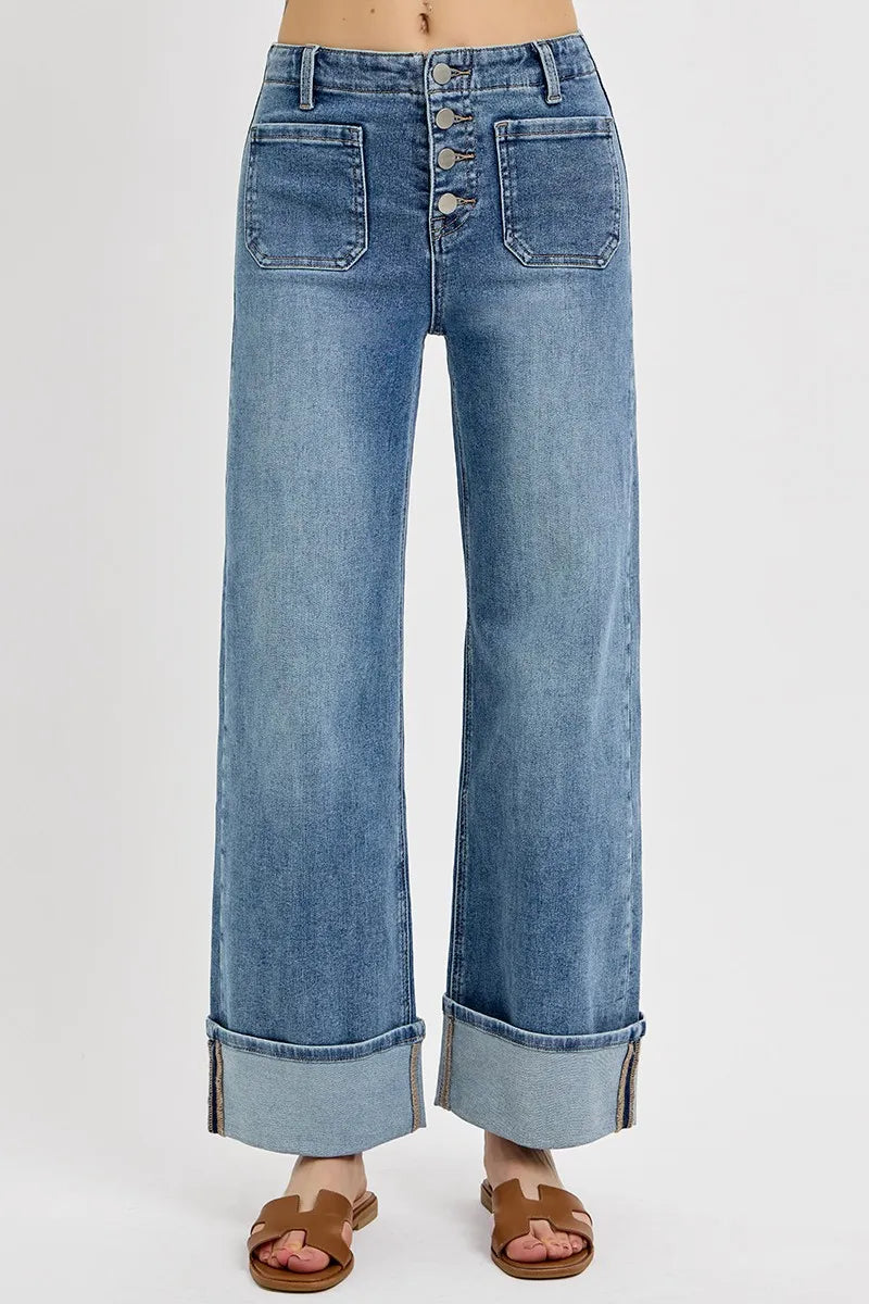 Medium Risen High Rise Ankle Wide Button Patch Pocket Cuffed Jeans