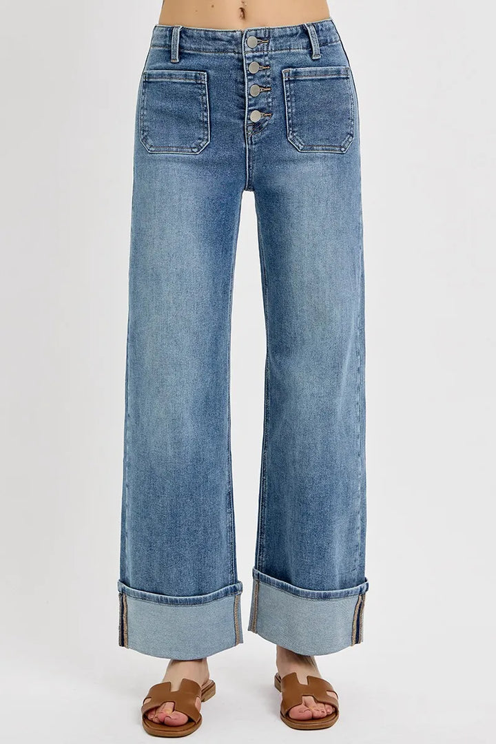 Medium Risen High Rise Ankle Wide Button Patch Pocket Cuffed Jeans