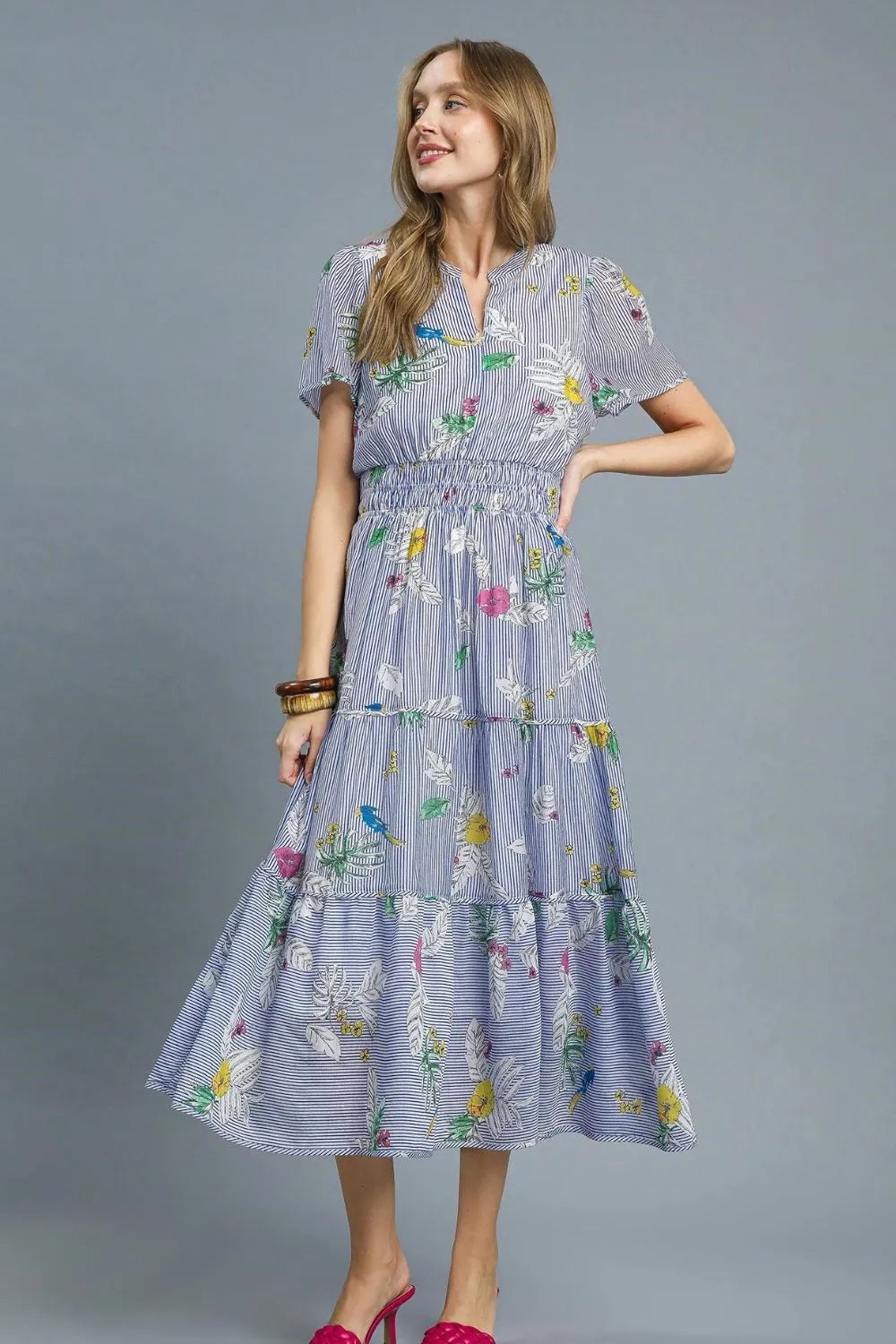 Light Blue Umgee Smocked Waist Floral Short Sleeve Midi Dress