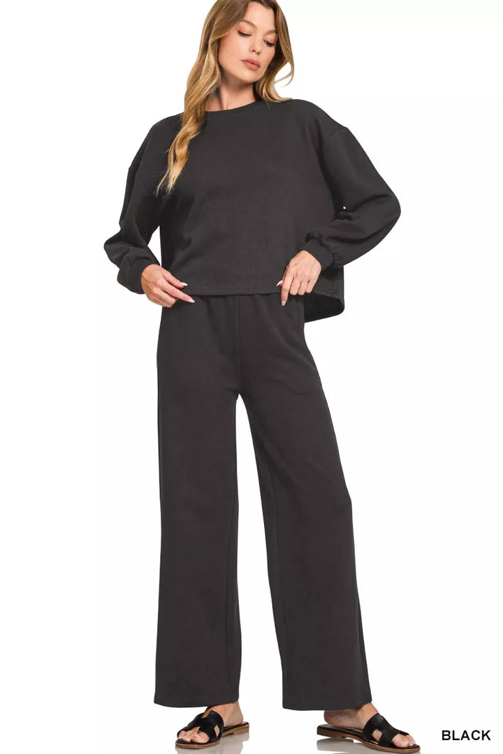 Black Zenana French Rib Pullover And Pants Set 3