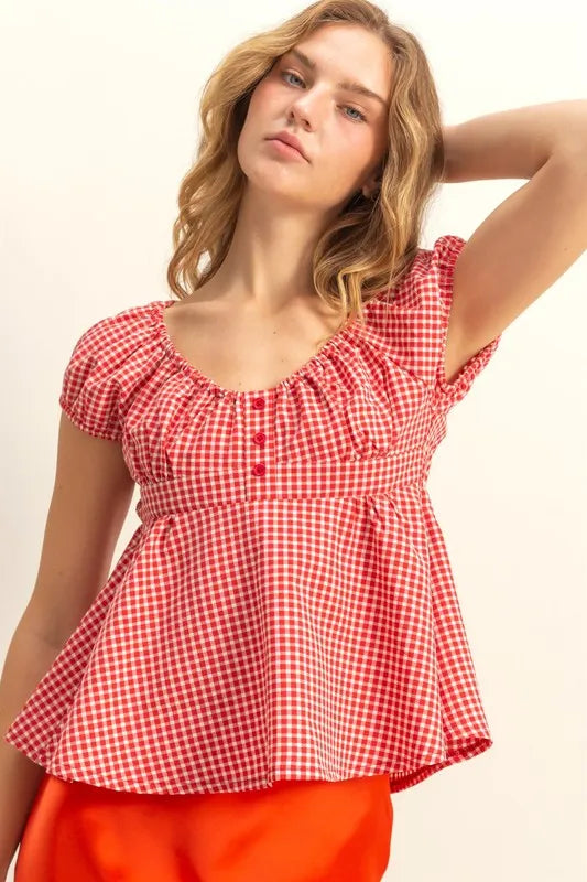 Red Hyfve Gingham Scoop Neck Cap Sleeve Blouse