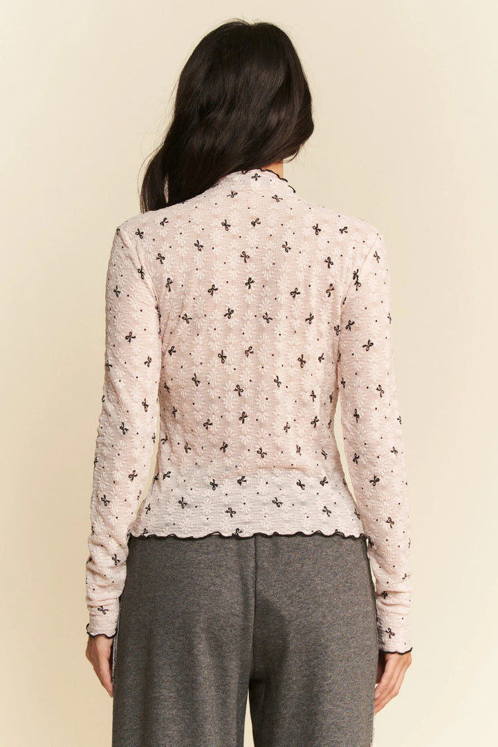 Davi Dani Ribbon Bow Lace Hem Long Sleeve Mesh Layering Top