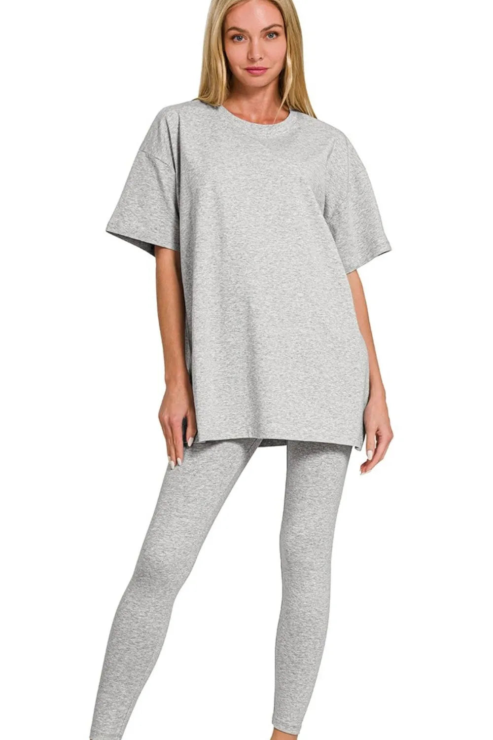 H Grey Zenana Cotton Round Neck Top Legging Set 5
