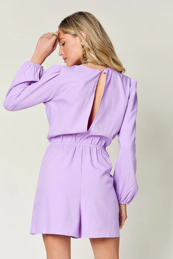 Lavender Double Take Full Size Drawstring Long Sleeve Romper