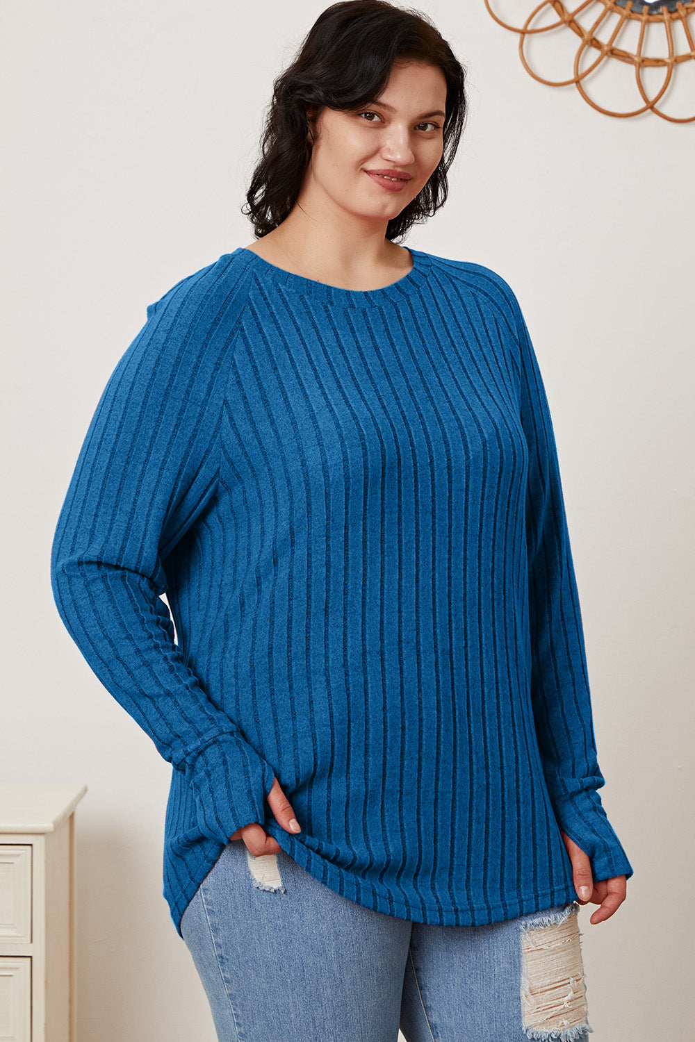 Dark Blue Basic Bae Full Size Ribbed Thumbhole Sleeve T Shirt