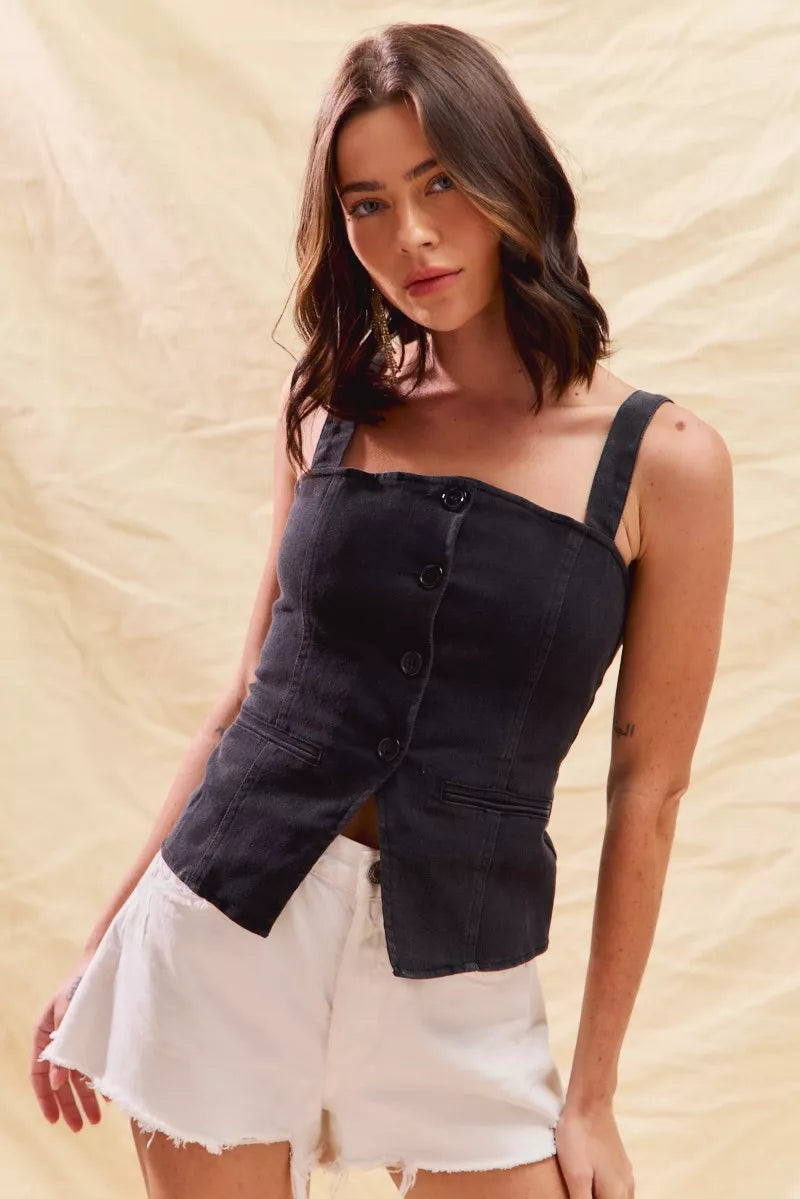 So Me Button Down Sleeveless Game Day Fitted Denim Top