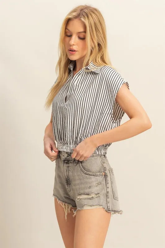 Black Hyfve Striped Elastic Hem Johnny Collar Cap Sleeve Blouse