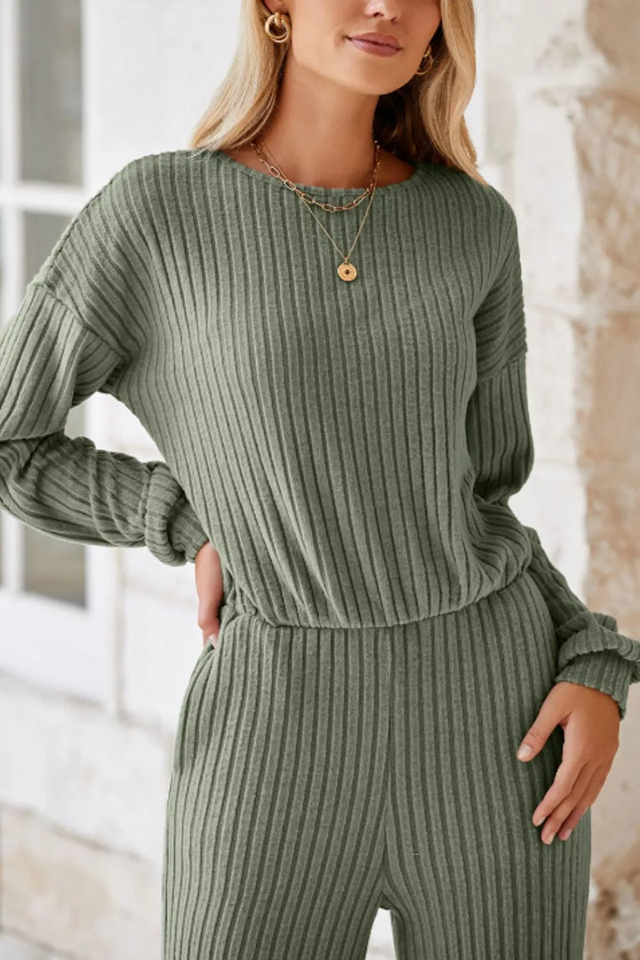 Sage Round Neck Long Sleeve Jumpsuit