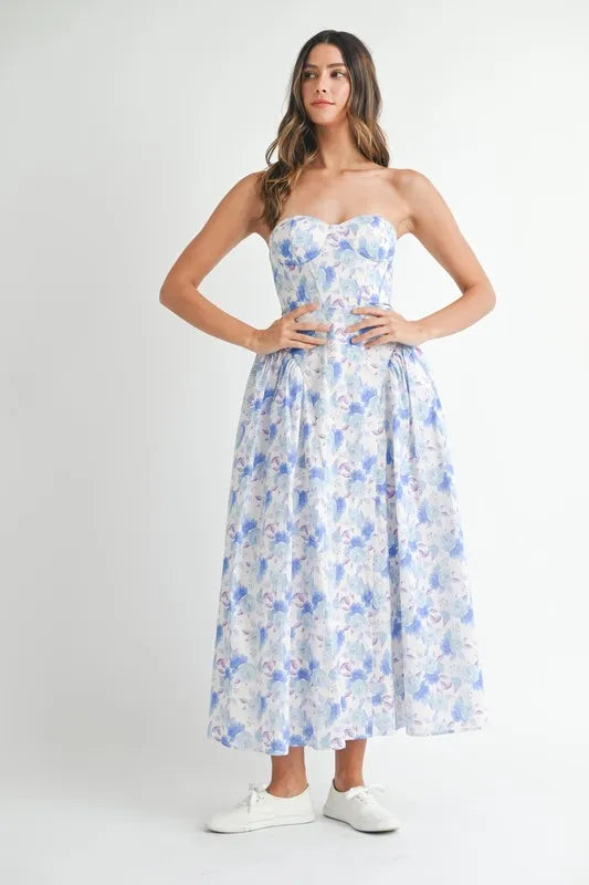Blue Mable Sweetheart Neckline Floral Printed Midi Dress