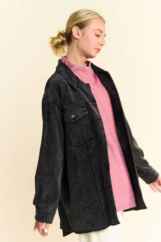 Black Davi Dani Washed Corduroy Raw Hem Button Up Jacket