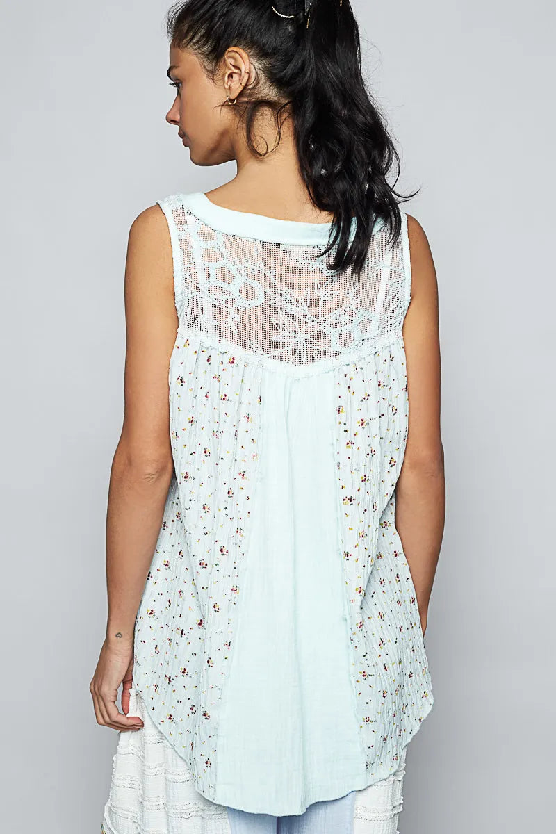 Mint Blue Pol Floral Print Button Front Lace Patchwork Tank Top