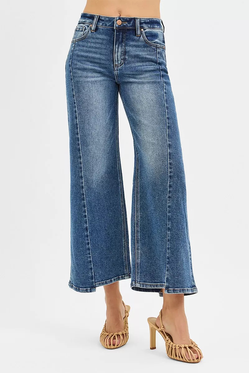Dark Risen High Rise Crop Wide Leg Jeans With Step Hem