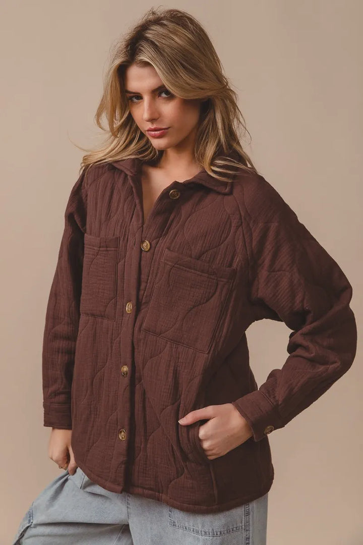 Mocha Bibi Quilted Wrinkle Gauze Long Sleeve Shacket