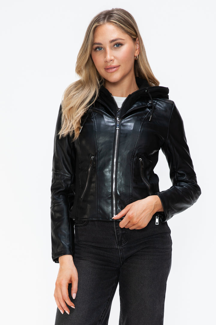 Black Snobbish Faux Leather Zip Up Drawstring Hooded Jacket 1