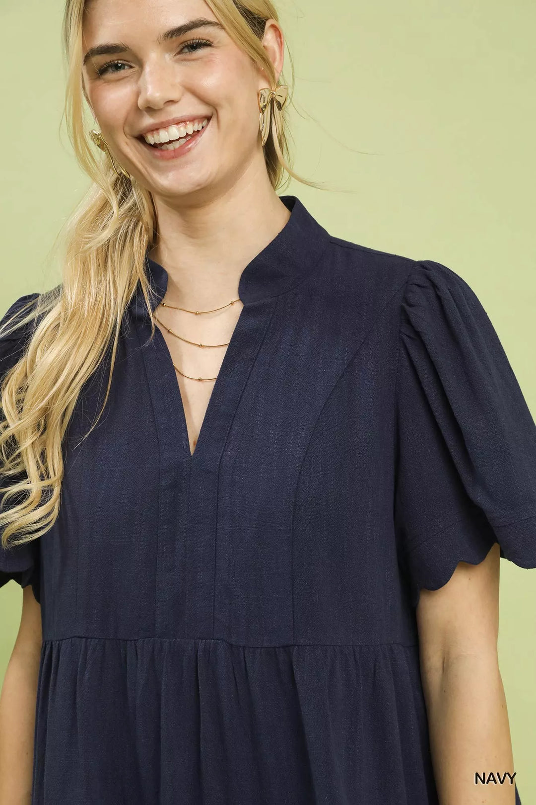 Umgee Linen Tiered Babydoll Dress With Scalloped Sleeves