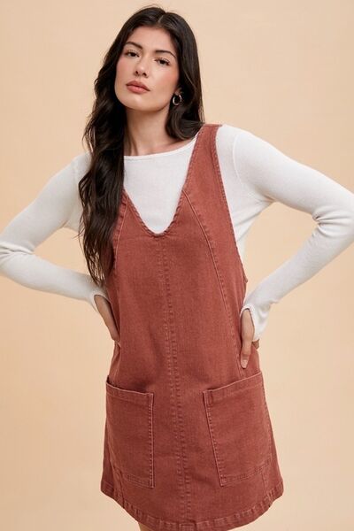 Rust Annie Wear V Neck Adjustable Strap Denim Overall Dress With Pockets