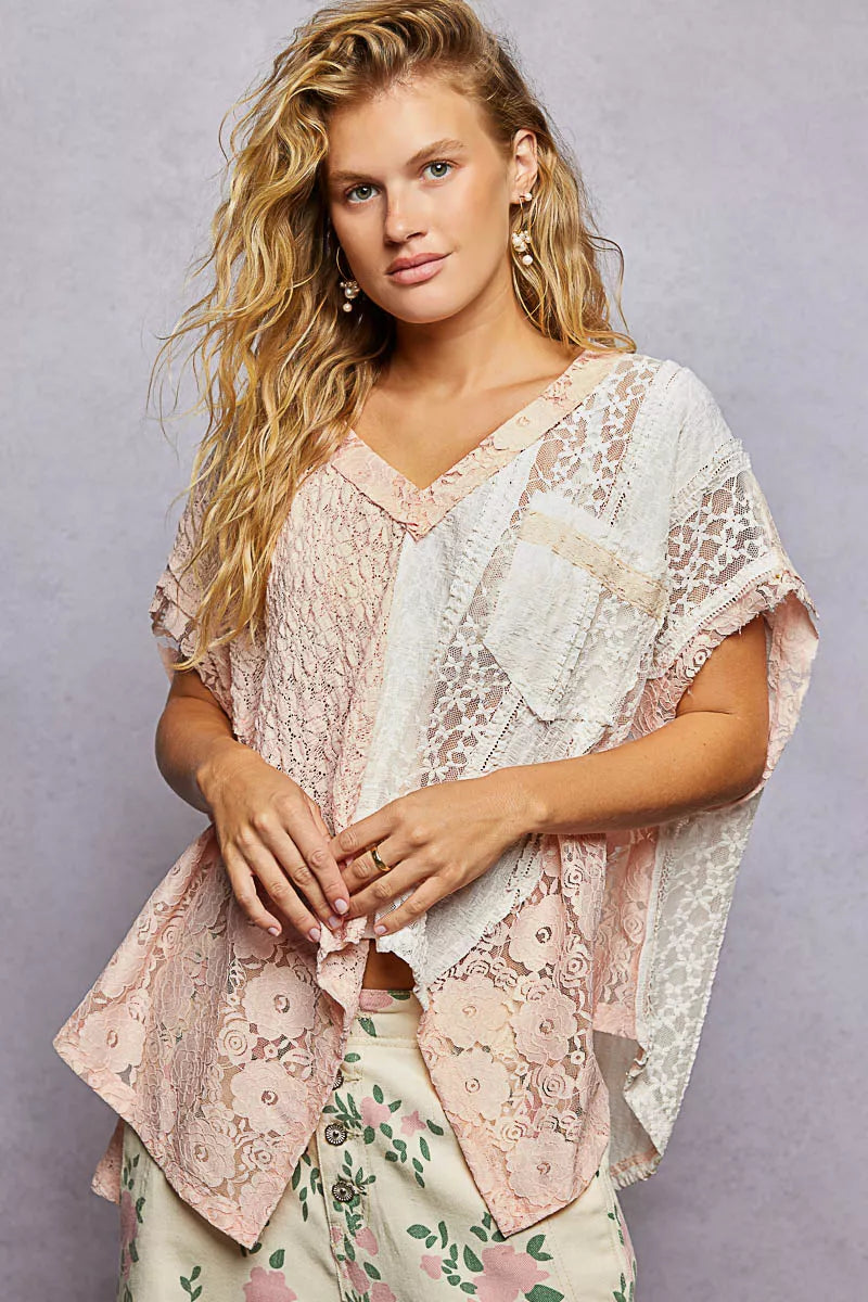 Blush Pol Asymmetrical V Neck Short Sleeve Lace Top