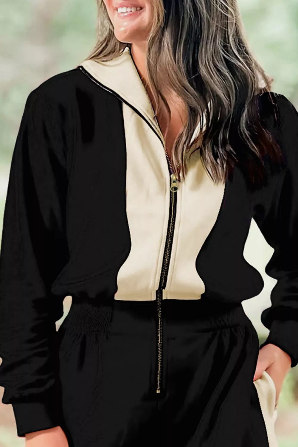 Black Two Tone Zip Up Romper
