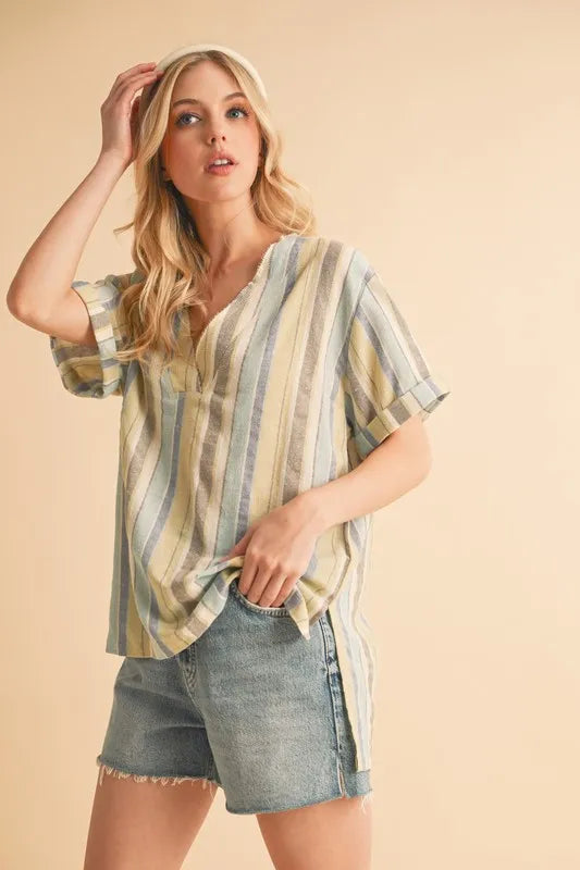 Aemi Co Side Slit Striped Short Sleeve Blouse