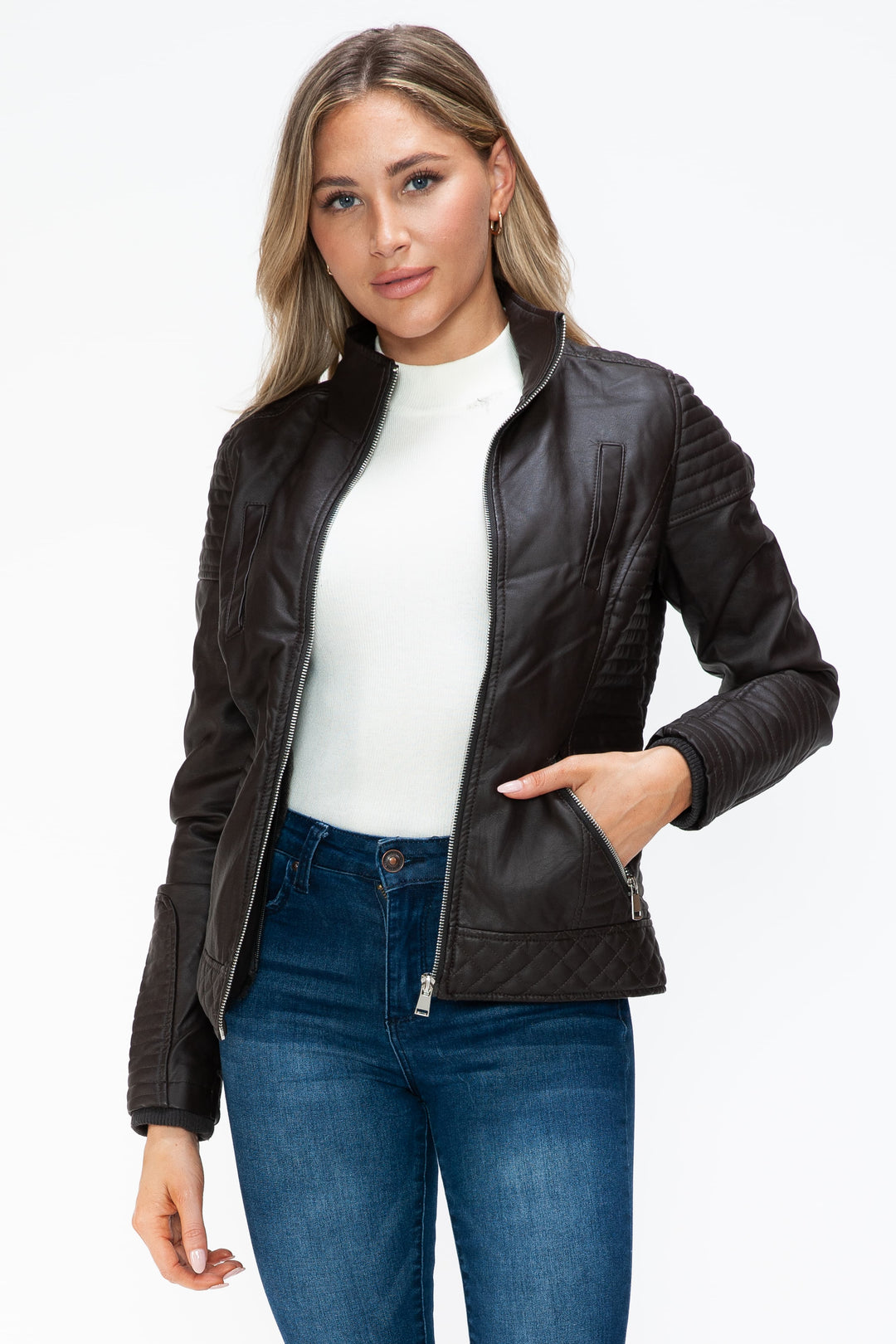 Ymi Faux Layered Double Zipper Jacket With Fuzzy Hood