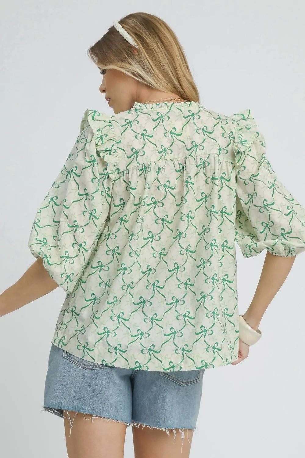 Green Umgee Ruffled Bow Print Notched Blouse