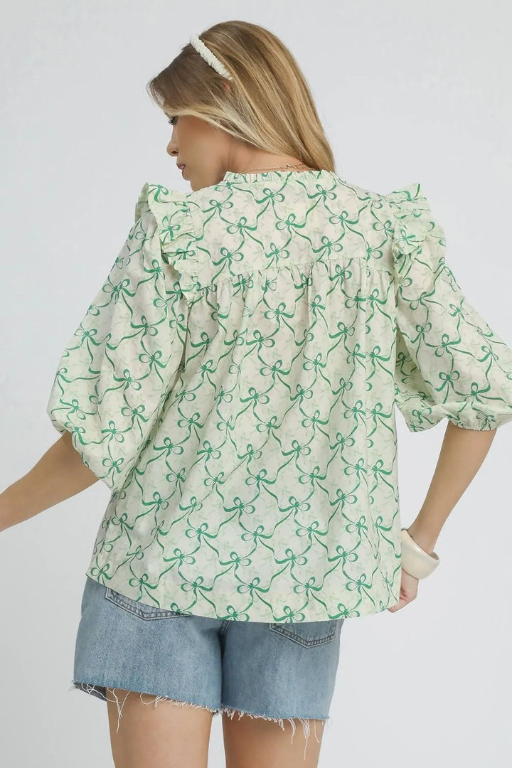 Green Umgee Ruffled Bow Print Notched Blouse