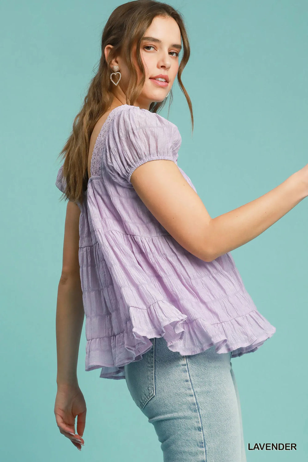 Lavender Umgee Textured Square Neck Bow Tie Blouse With Ruffle Hem