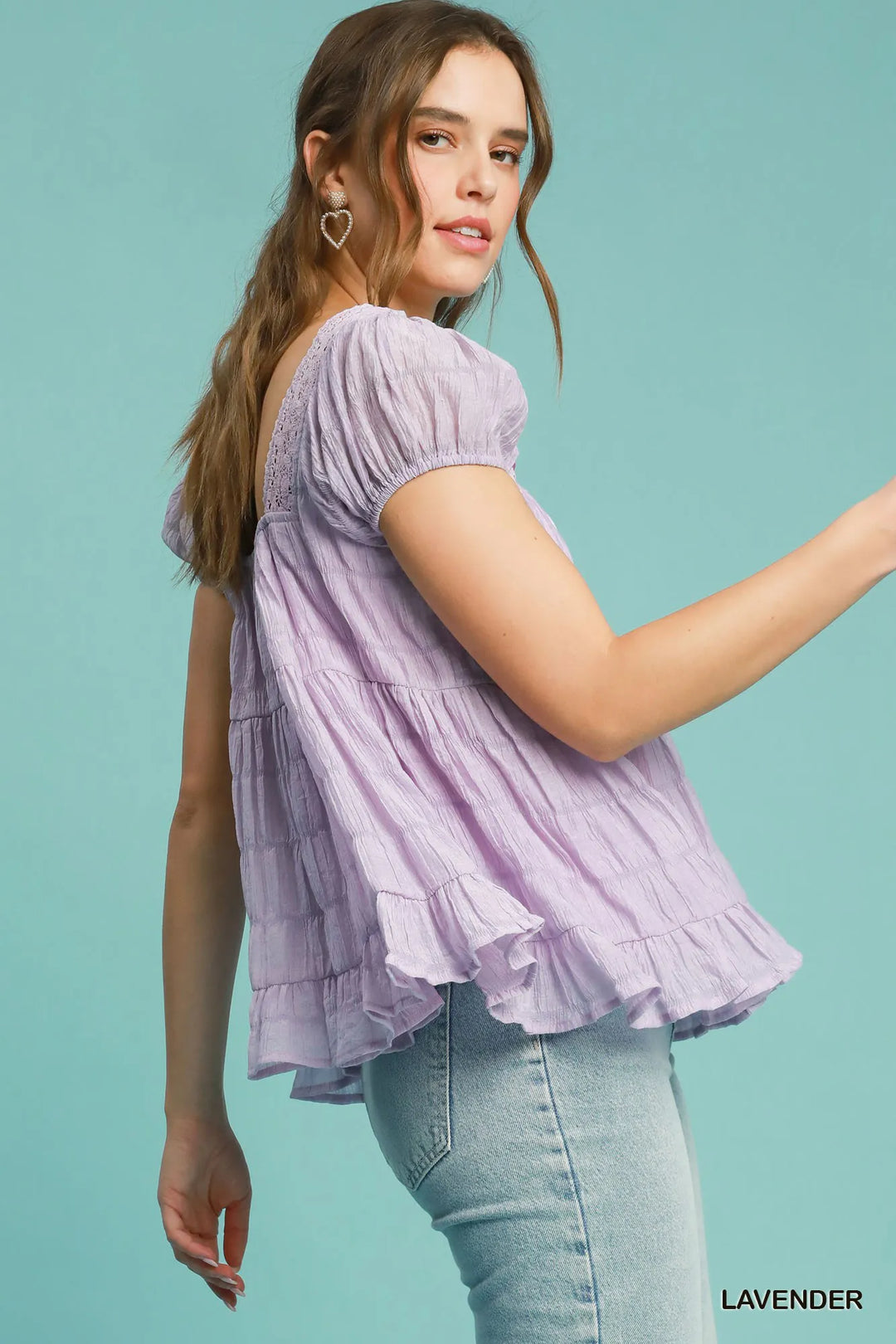 Lavender Umgee Textured Square Neck Bow Tie Blouse With Ruffle Hem