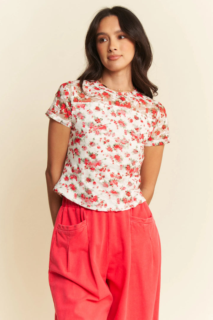 White Multi Davi Dani Ribbon Short Sleeve Layered Mesh Top