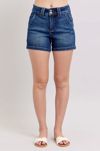 Dark Judy Blue Full Size Double Button Waistband Denim Shorts Plus Size
