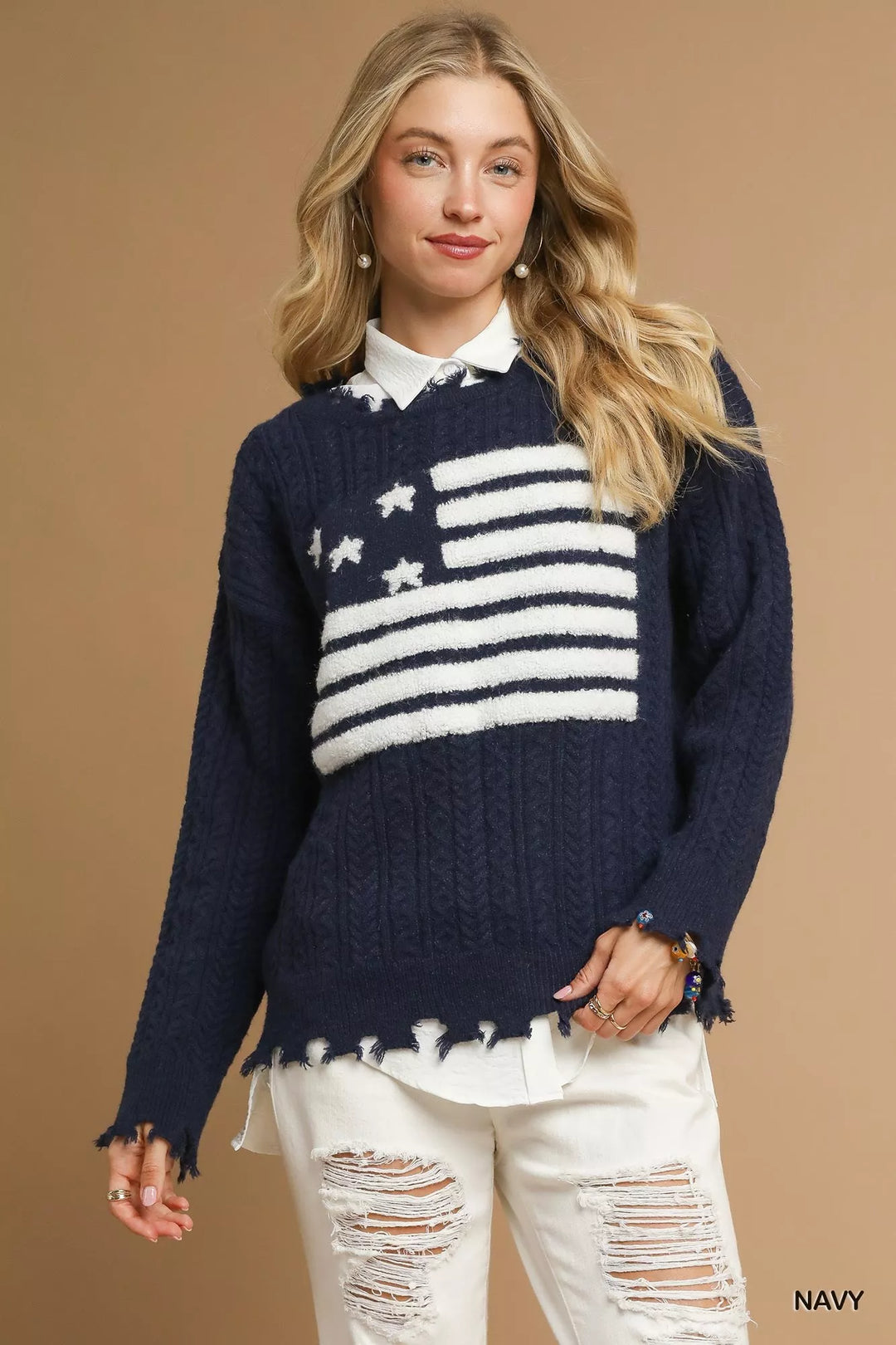 Navy Umgee Distressed American Flag Sweater
