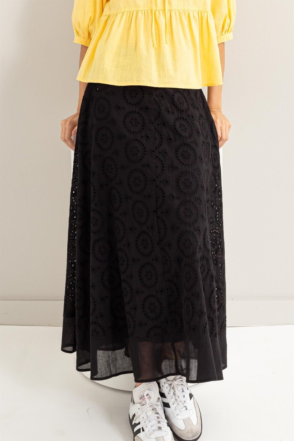 Black Hyfve Eyelet High Waist Midi Skirt