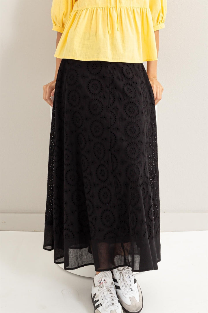 Black Hyfve Eyelet High Waist Midi Skirt