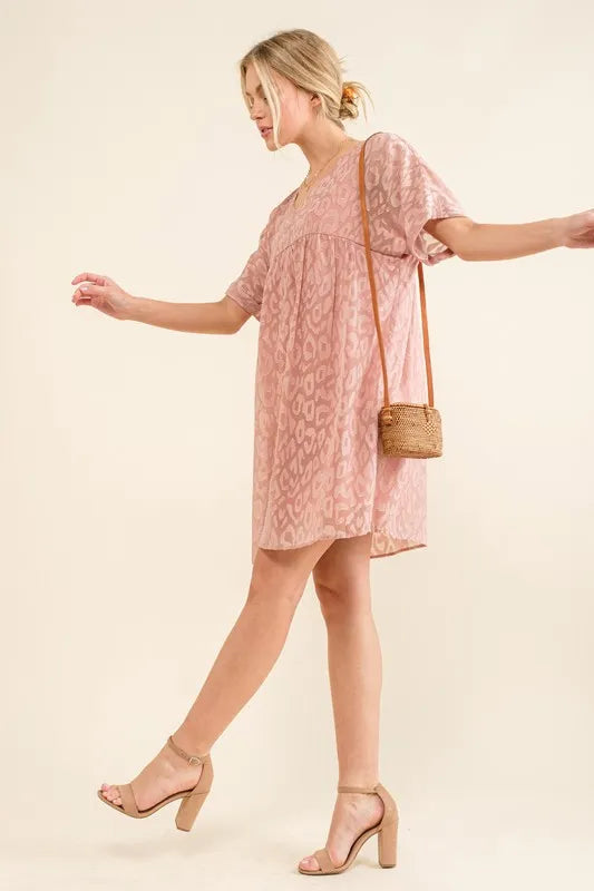 Mauve And The Why Woven Leopard Baby Doll Roll Sleeve Casual Dress