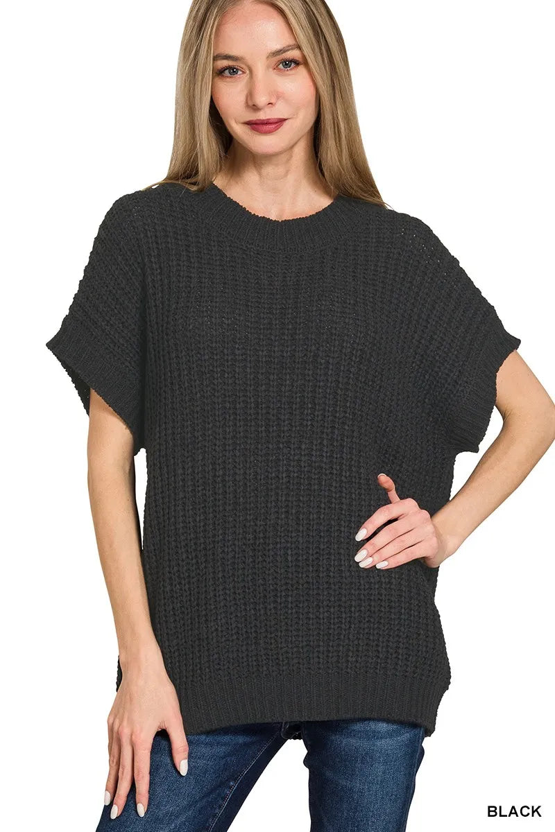 Black Zenana Short Sleeve Round Neck Sweater