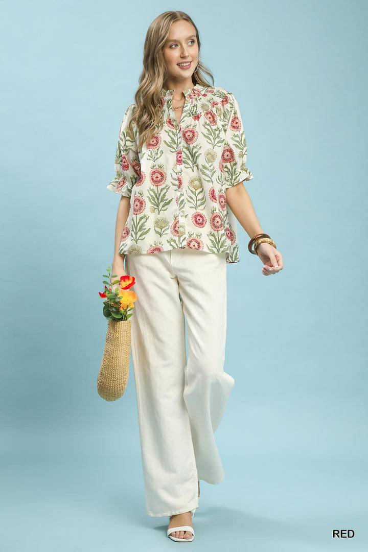 Umgee Floral Button Front Short Sleeve Top