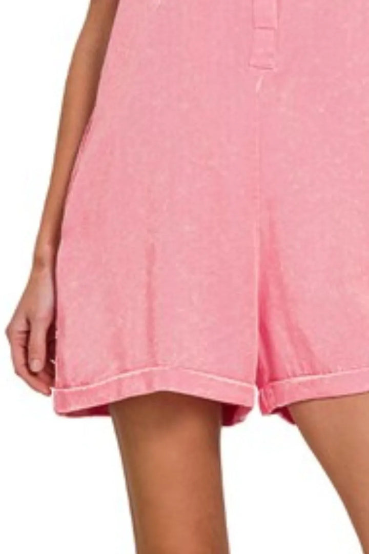 Dk Pink Zenana Tencel Mineral Washed Half Button Shirts Romper