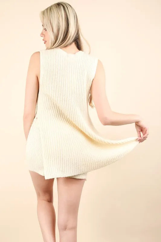 Ecru Very J Slit Round Neck Top And Shorts Sweater Set 2