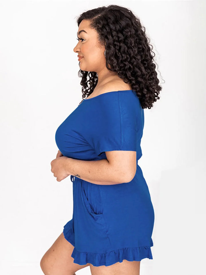 Light Blue Ruffled Boat Neck Short Sleeve Romper