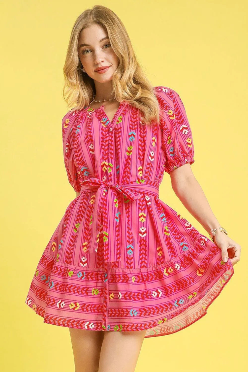 Hot Pink Umgee Printed Tie Waist Puff Short Sleeve Mini Dress
